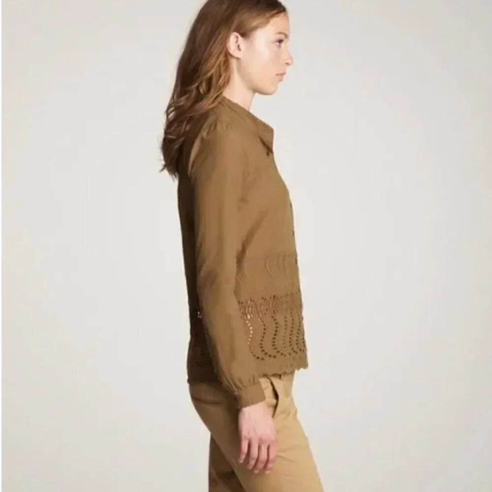 J. Crew Women's Sz 0 Delaney Eyelet-Trim Shirt Spiced Olive Green Tan Collarless